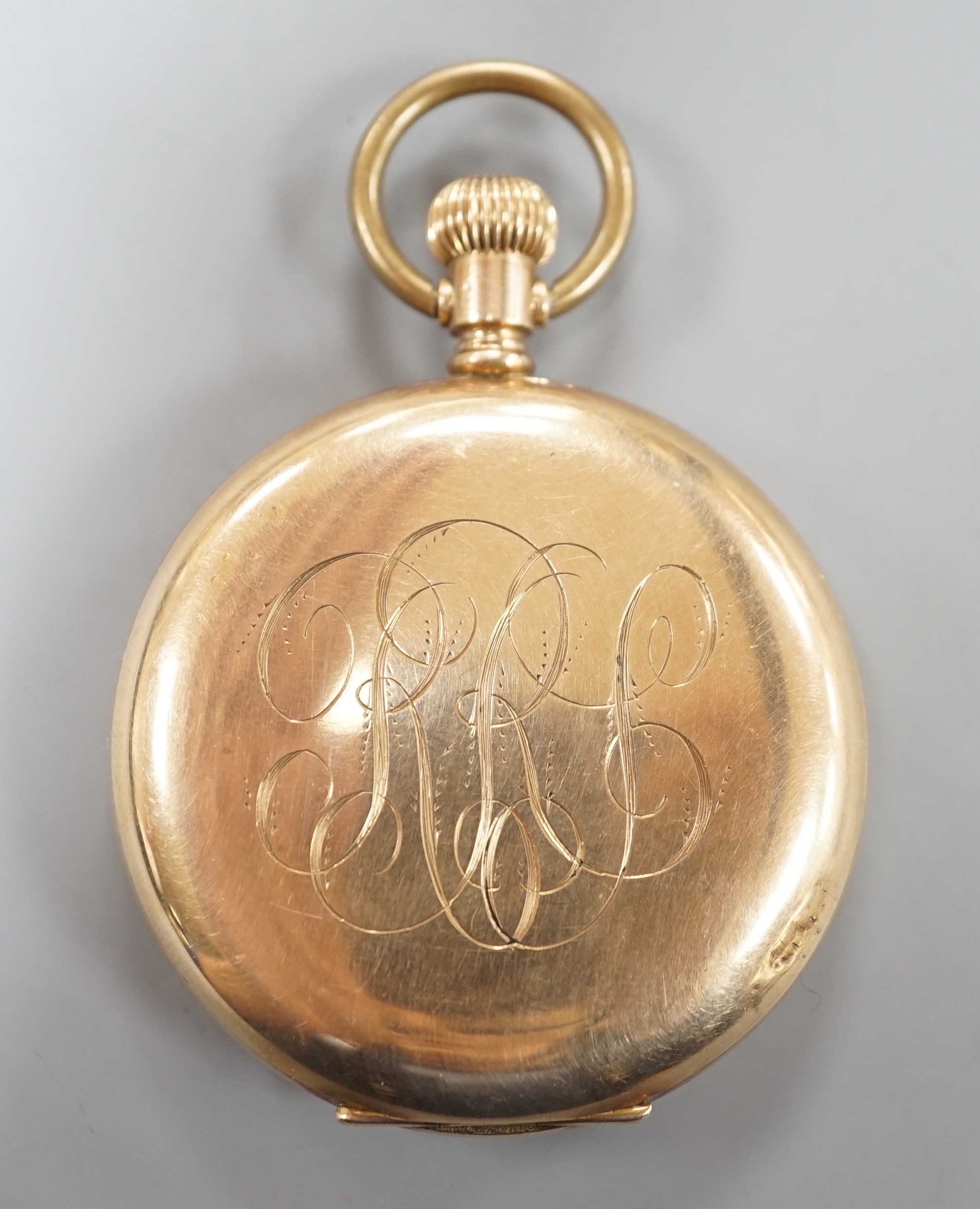 An Elgin gold plated hunter keyless pocket watch, with Roman dial and subsidiary seconds, the case with engraved monogram.